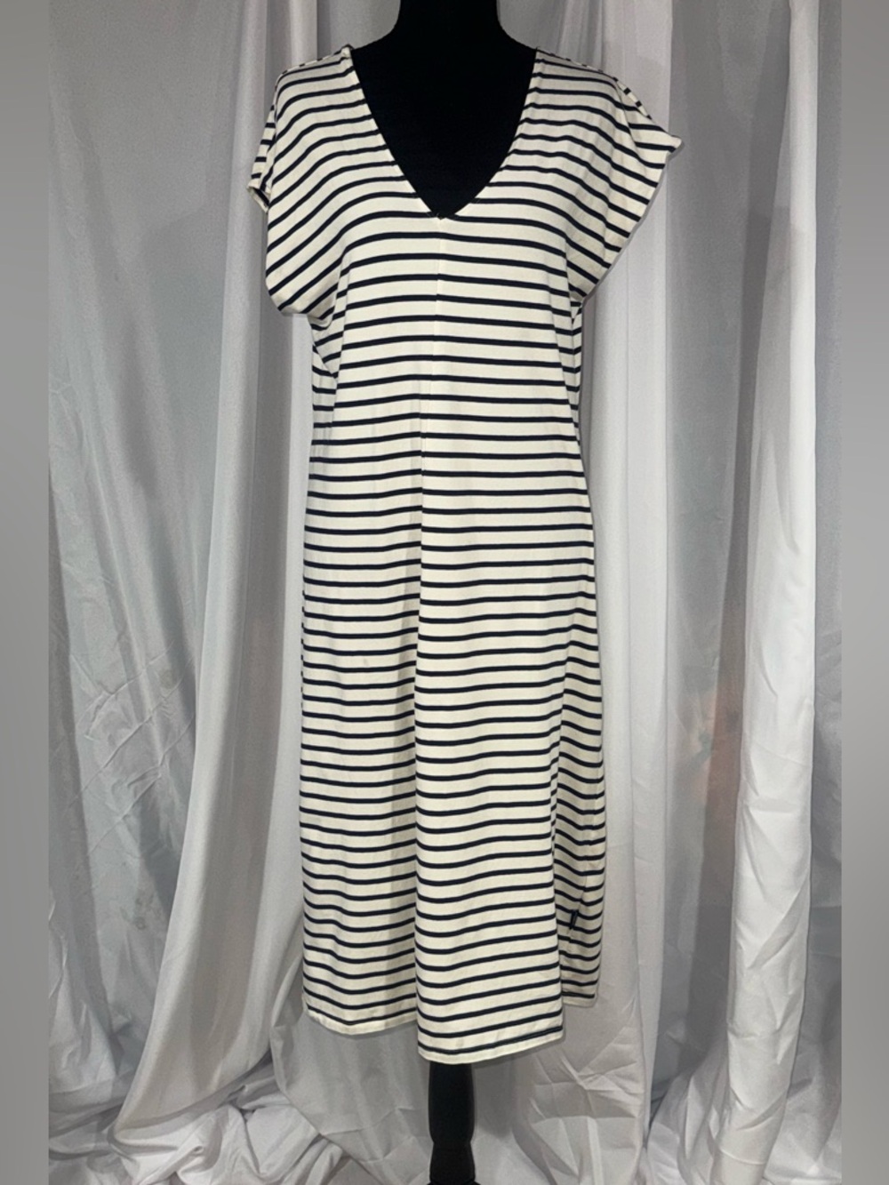 Classic Black and White Striped V-Neck Midi Dress